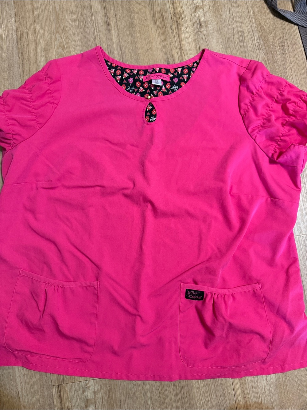 Betsey Johnson Bright Pink Women's Short Sleeve Keyhole Scrub Top